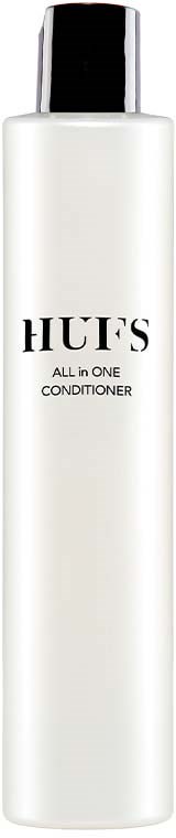 A tall, white bottle with a black cap labeled "HUF'S All in One Conditioner."
