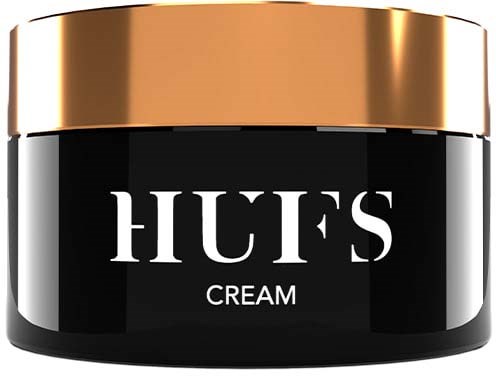 Ein schwarzer Behälter mit goldener Deckel mit der Aufschrift 'HUFS CREAM'.