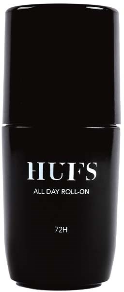 Een zwarte roll-on deodorant met witte tekst die zegt 'HUT'S All Day Roll-On 72H.'