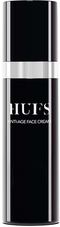 Schwarze und silberne Flasche mit Anti-Age-Gesichtscreme namens HUES.