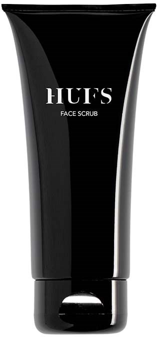 A black tube labeled 'HUFS FACE SCRUB' with a flip-top cap, standing upright.