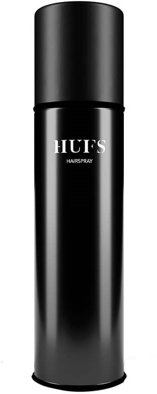 A tall black spray can with the words "HUES HAIRSPRAY" on it.