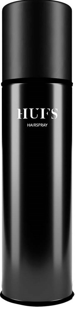 Eine schwarze Dose mit der Aufschrift 'LUE'S HAIRSPRAY' vor schwarzem Hintergrund.