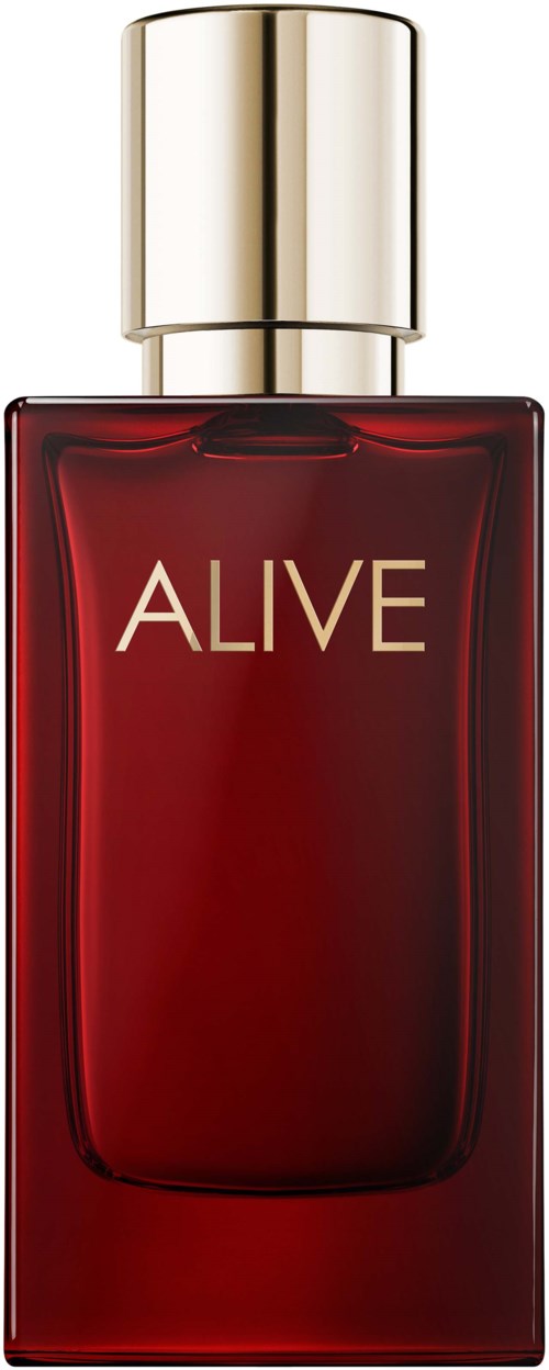 Een rode parfumfles met een gouden dop en het woord "ALIVE".
