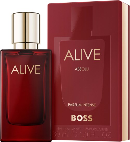 Een rood parfumflesje en doos met de woorden "ALIVE" en "BOSS".