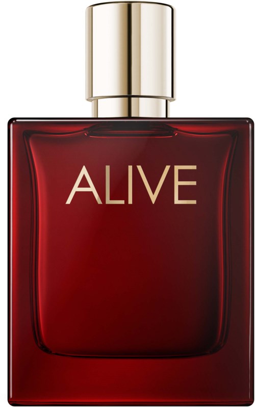 Een rode parfumfles met een gouden dop en het woord ALIVE.