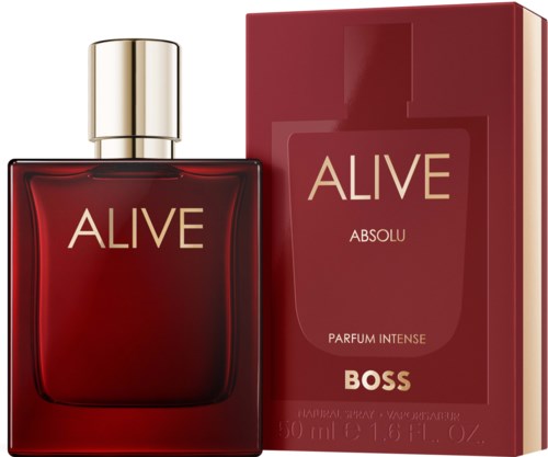Een rode parfumfles met het label "ALIVE" naast een bijpassende doos die zegt "ALIVE ABSOLU" en "BOSS".
