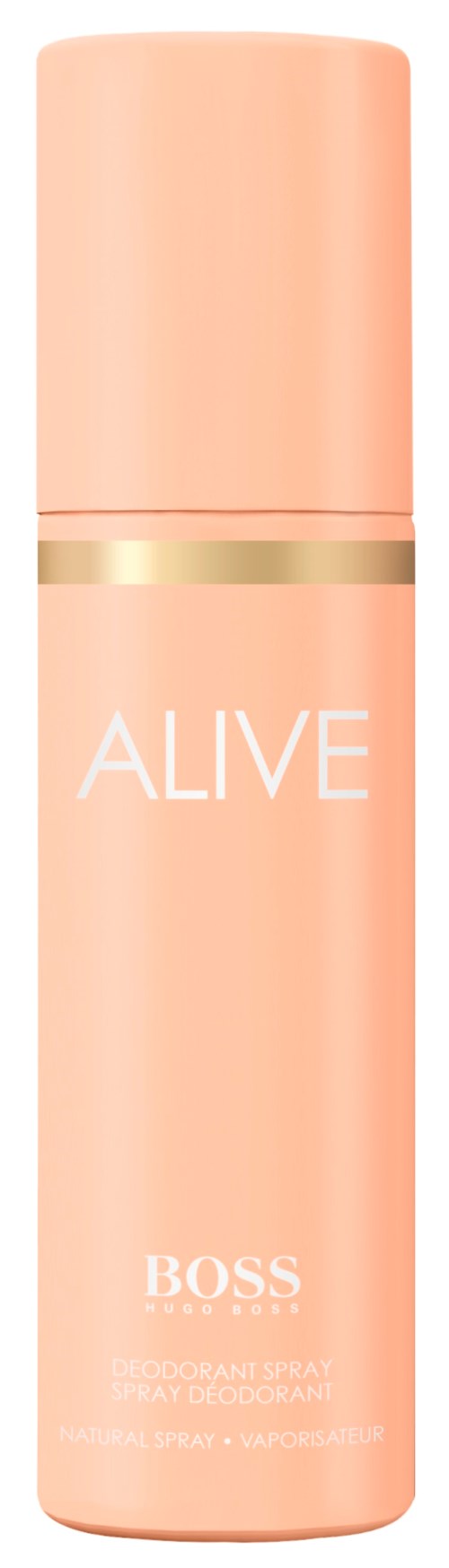 Een roze cilindervormige spuitbus met een gouden streep en de tekst 'ALIVE' en 'BOSS' voor deodorant spray.