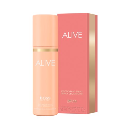 Een roze deodorant sprayfles met 'ALIVE' erop naast een bijpassend roze doos met gouden streep.