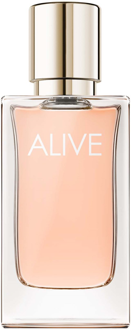 Een parfumfles met 'ALIVE', roze vloeistof en een gouden dop.