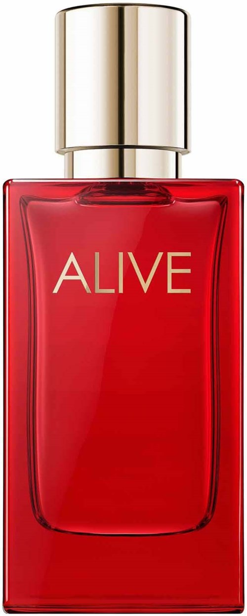 Rode parfumfles met een zilveren dop en het woord 'ALIVE'.