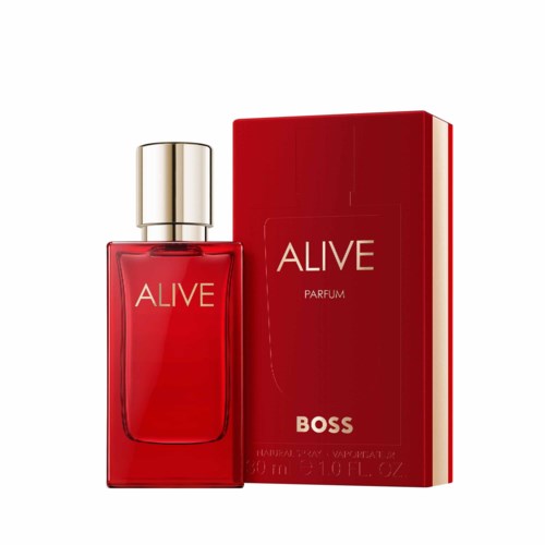 Een rode parfumfles met 'ALIVE' erop naast een bijpassend rood doosje met 'BOSS'.