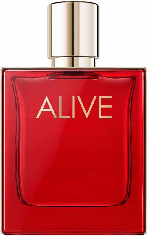 Een rood parfumfles met zilveren dop en het woord 'ALIVE'.