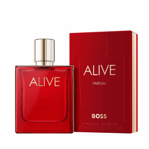 Een rode parfumfles met 'ALIVE' erop naast een bijpassend rood doosje met 'BOSS'.