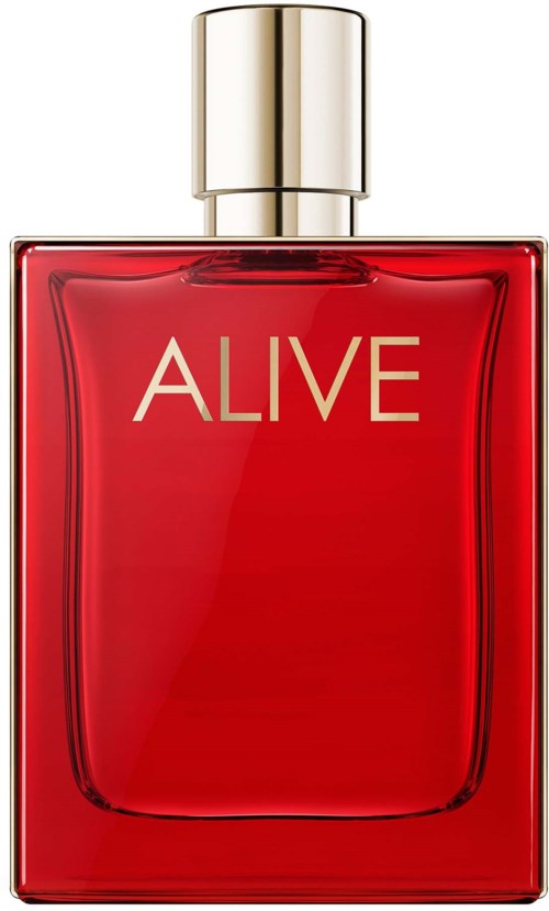 Een rode parfumfles met een zilveren dop en het woord 'ALIVE' erop.