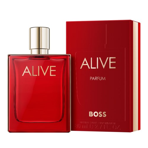 Rode parfumfles met zilveren dop en bijpassend rood doosje met 'ALIVE BOSS PARFUM' erop.