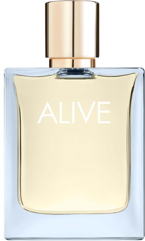 Een parfumfles met een gouden dop en het woord ALIVE.