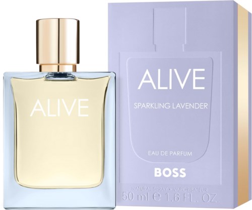 Een parfumflesje met label ALIVE Sparkling Lavender en de doos zijn te zien.