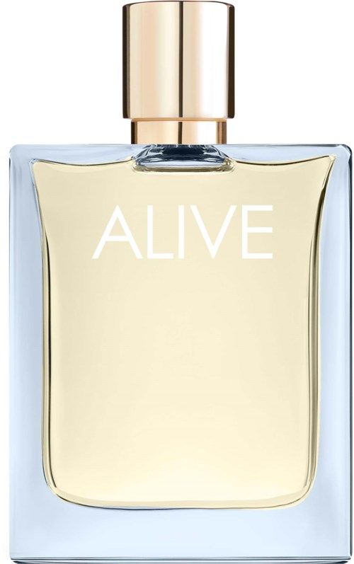 A perfume bottle with a gold cap and the word ALIVE on the front. Clear and simple design.