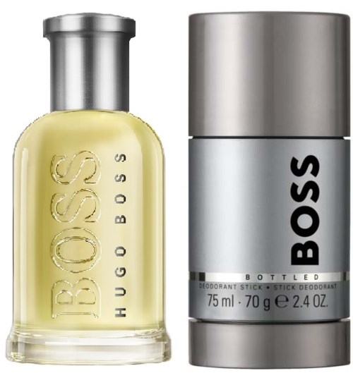 Een gele parfumfles met Hugo Boss en een grijze stick deodorant met BOSS.