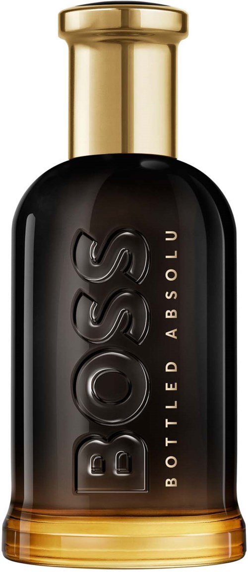 Een zwarte parfumfles met gouden dop en onderkant, grote BOSS-tekst en woorden 'BOTTLED ABSOLU'.