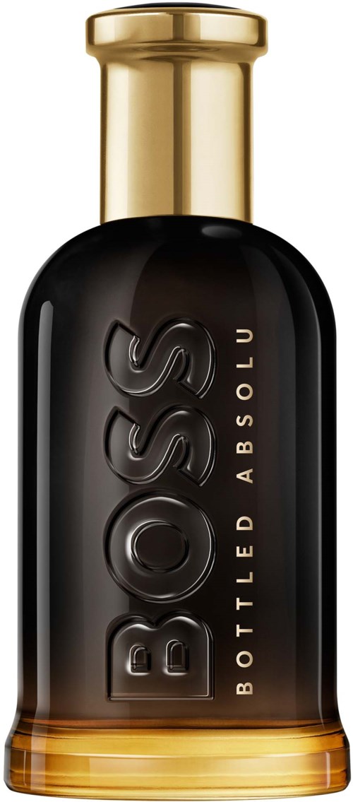 Eine schwarze Flasche mit goldener Kappe und goldenem Boden. Die Flasche hat die Worte BOSS und sagt Bottled Absinthe.