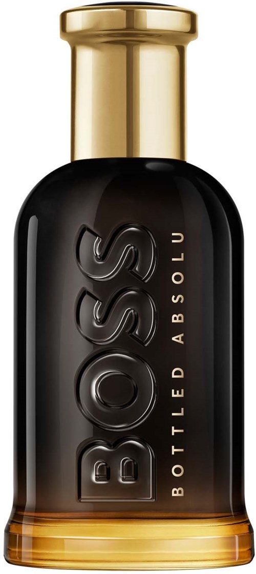 Eine schwarze Flasche mit goldener Kappe und goldenem Boden, mit dem Wort "BOSS" geprägt und "BOTTLED ABSOLU" vertikal.