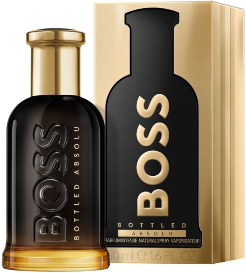 Eine schwarze und goldene Parfümflasche mit Verpackung, zeigt das BOSS-Logo und Namen, elegantes und luxuriöses Design.