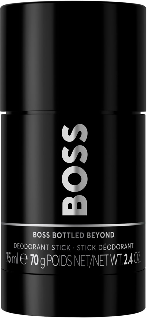 Ein schwarzer Deostick mit BOSS-Logo und Produktinformationen auf dem Etikett.