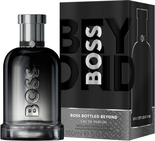 Musta tuoksupullo ja laatikko, jossa on rohkea BOSS ja BOSS BOTTLED BEYOND teksti, sujuva muoto.