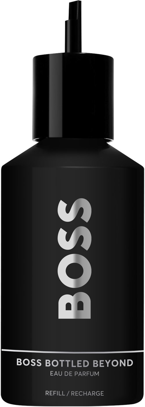 Eine schwarze Flasche mit Sprühkopf, beschriftet 'BOSS' und 'BOSS BOTTLED BEYOND.'