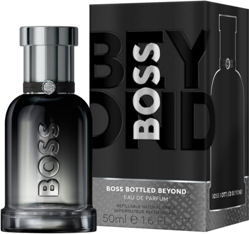 Musta tuoksupullo, jossa lukee 'BOSS', ja samanlainen musta laatikko, jossa on isolla tekstillä 'BOSS BOTTLED BEYOND'.