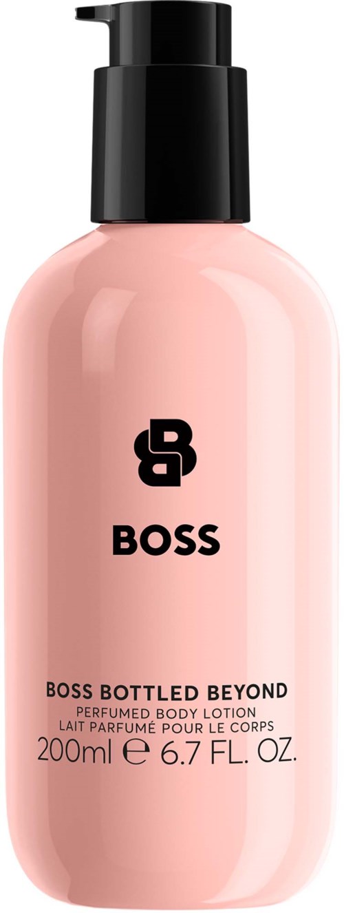 Ljusrosa flaska med Boss Beyond parfymdoftande kroppslotion med svart pump, 200 ml etikett.