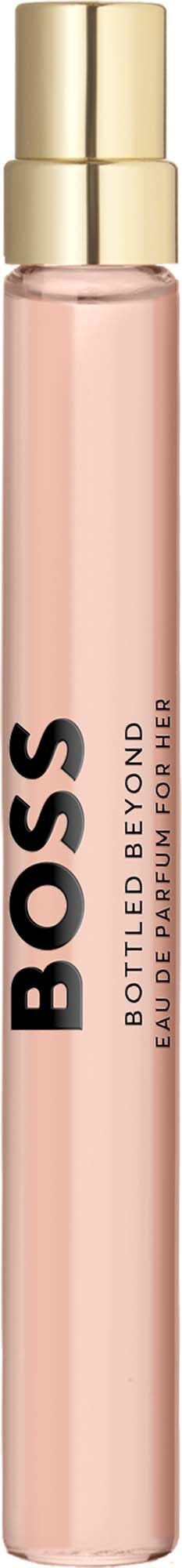 BOSS Bottle Beyond Eau De Parfum spray med rosa rör och guldlock.