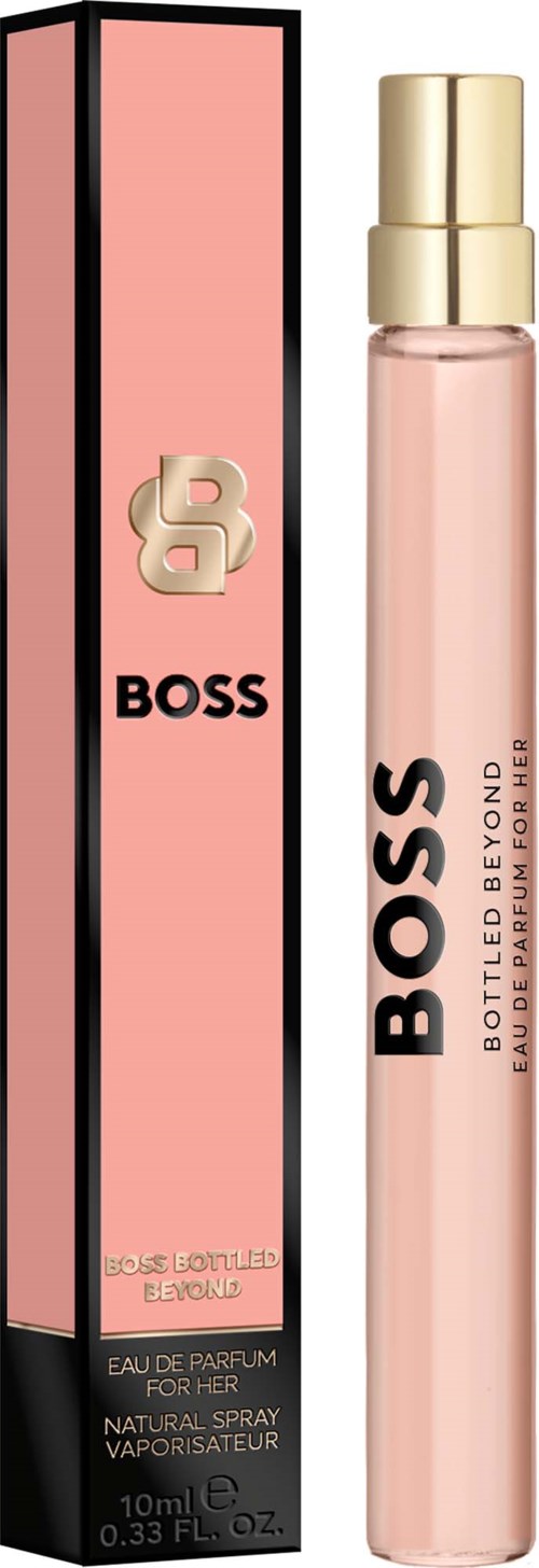 BOSS Bottled Beyond parfym i en rosa flaska med guldlock, bredvid en rosa och svart förpackning med BOSS-logga.
