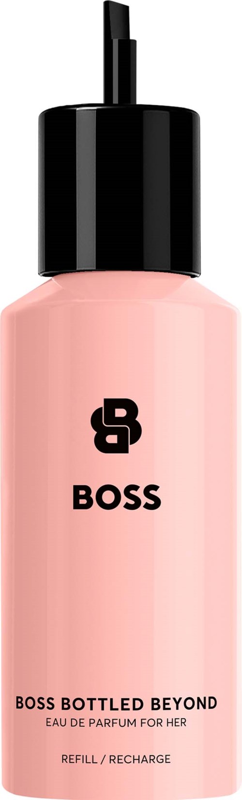 En rosa rektangulär flaska med svart pump. Texten BOSS och BOSS BOTTLED BEYOND står på den.