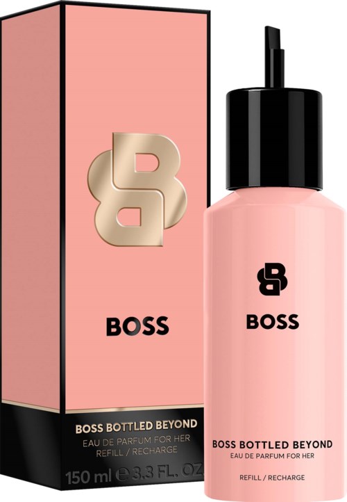 Rosa parfymflaska med svart lock och logga, bredvid matchande rosa box med logga och produktnamn.