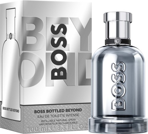 Boss Bottled Beyond parfymflaska och förpackning med logo i svartvitt.