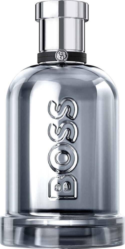 En silver BOSS-parfymlåda med en klar, rund glasenhet och en silver-topp, med BOSS-logotypen.