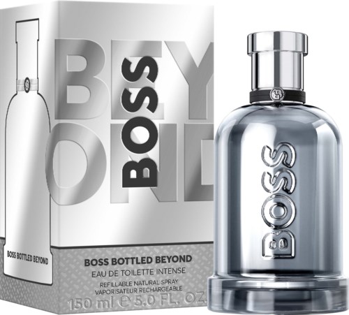 Boss Bottled Beyond parfymflaska och förpackning med produktnamnet.