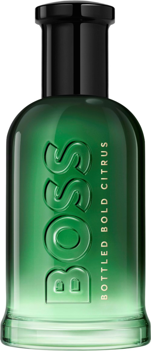 En grön flaska märkt 'BOSS Bottled Bold Citrus' med svart lock.
