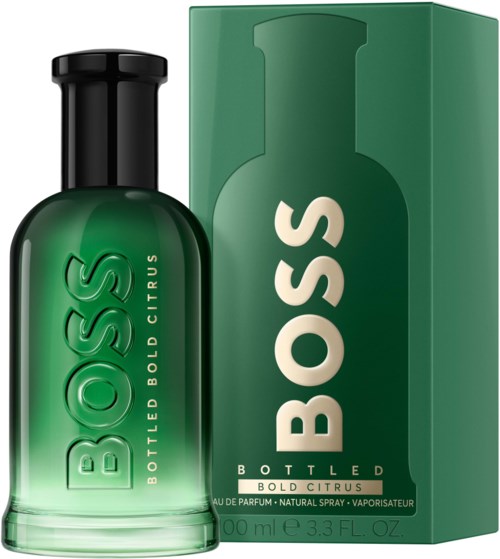En grön parfyllåda och förpackning med orden "BOSS Bottled Bold Citrus" på.