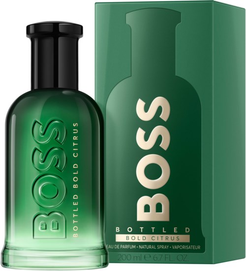 En grön parfyllflaska och förpackning märkt Boss Bottled Bold Citrus, en doftprodukt med kraftfull citrusdoft.