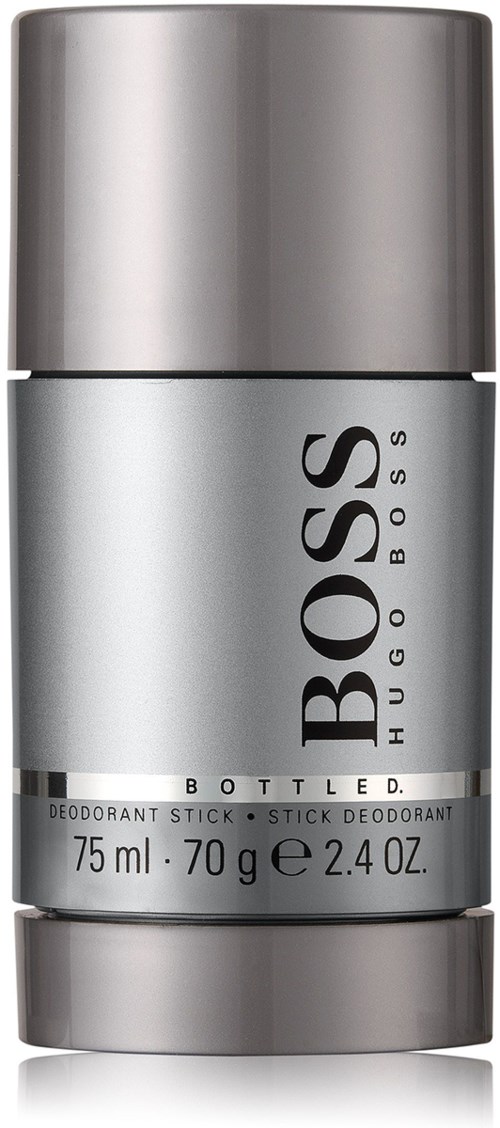 En silver deodorantstift från Hugo Boss med svart text och ett metalllock.