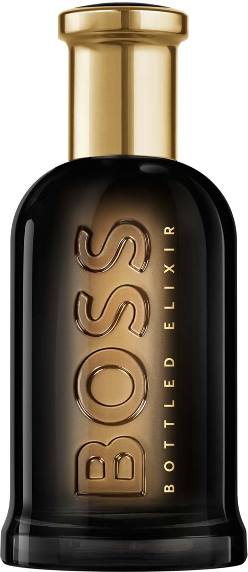 Eine schwarze Flasche mit goldener Kappe und goldenem Text "BOSS BOTTLED ELIXIR."