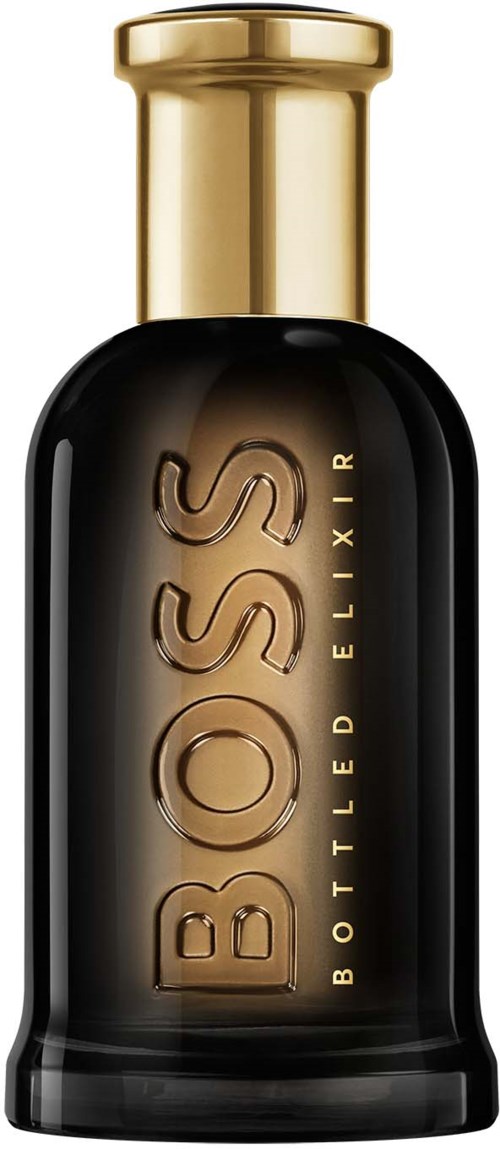 Eine dunkle Flasche mit goldenem Deckel, beschriftet 'BOSS Bottled Elixir'.