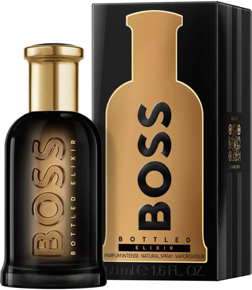 Eine schwarze und goldene Parfümflasche mit einer Schachtel, beschriftet 'BOSS Bottled Elixir,' zeigt ein Parfümprodukt.