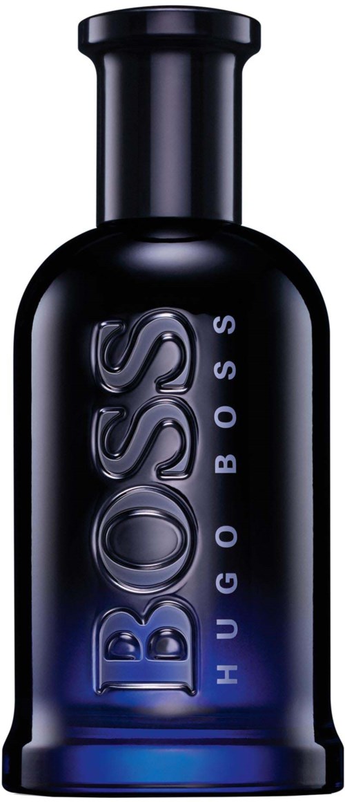 A sleek, black bottle with the brand name Boss in bold, vertical letters on it.