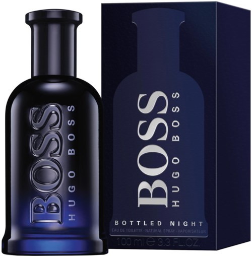 Dark blue bottle and box with the BOSS logo, labeled Bottled Night perfume, 100 ml, for nighttime wear.