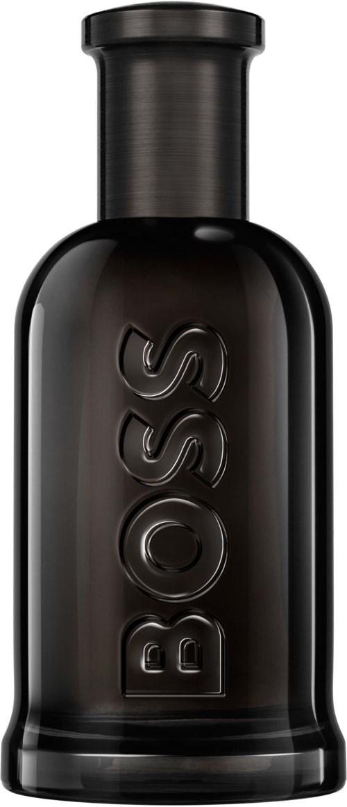 Eine schwarze Flasche mit dem Wort 'BOSS' aufgedruckt, rund geformt mit einem zylindrischen Deckel.